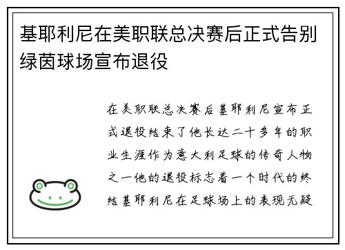 基耶利尼在美职联总决赛后正式告别绿茵球场宣布退役